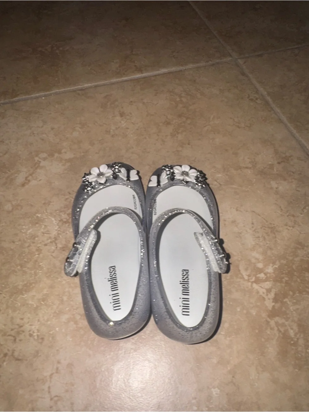Mini Melissa Silver Glitter Mary Janes with Floral Charms